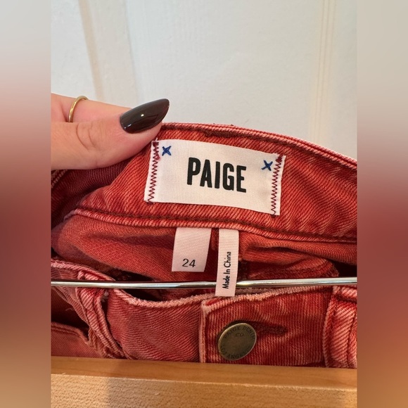 Paige Jeans Red Denim Mini Skirt Button Fly Frayed Hem - Picture 6 of 8